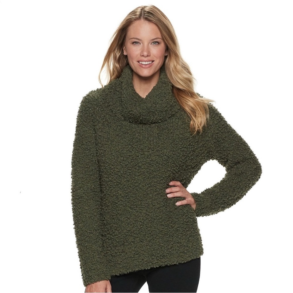 Sonoma Olive Green Cowl Neck Sweater with Popo Plush Knit